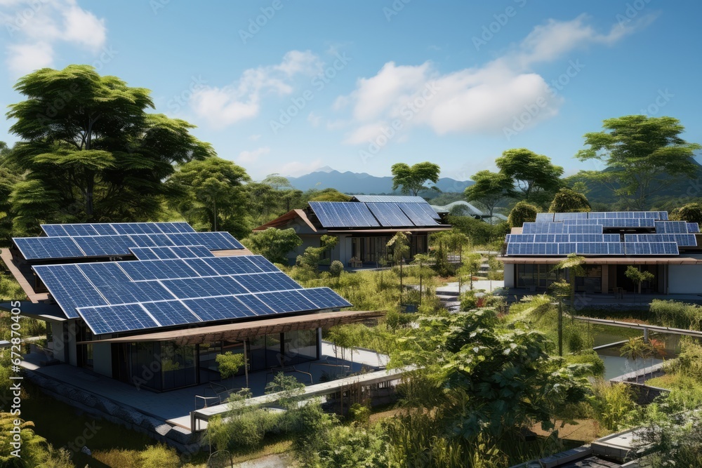 Solar Panels Generating Green Energy On Roofs And Farms