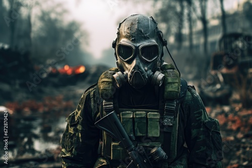 Soldier Wearing Gas Mask In Postapocalyptic City Ruins © Anastasiia