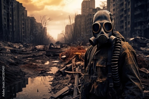 Soldier Wearing Gas Mask In Wartorn City Ruins