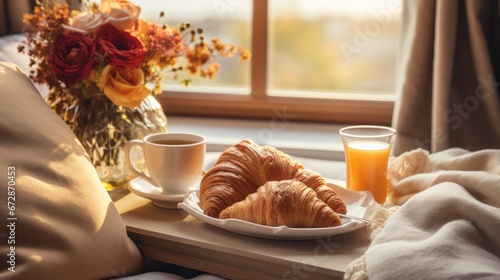 Serene Morning Breakfast Tray with Flowers and Pastries. A serene breakfast experience with a touch of floral elegance, complete with croissants and fresh juice. © AI Visual Vault