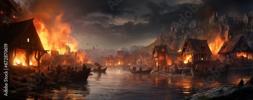 Viking Attack, Medieval Village Engulfed In Flames photo
