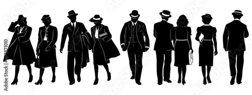 Silhouettes of Vintage Businessmen and Businesswomen. Men and women in casual closes of 20s, 30s years. All figures are separate.