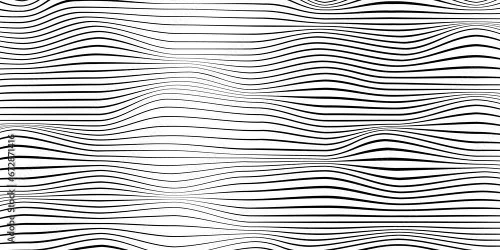 Monochrome wavy line background. Optical (Op Art) illusion of waves of black and white lines. - obrazy, fototapety, plakaty 