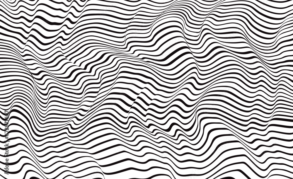 Abstract wave background with black and white stripes. Optical (Op Art) illusion of waves of black and white lines.