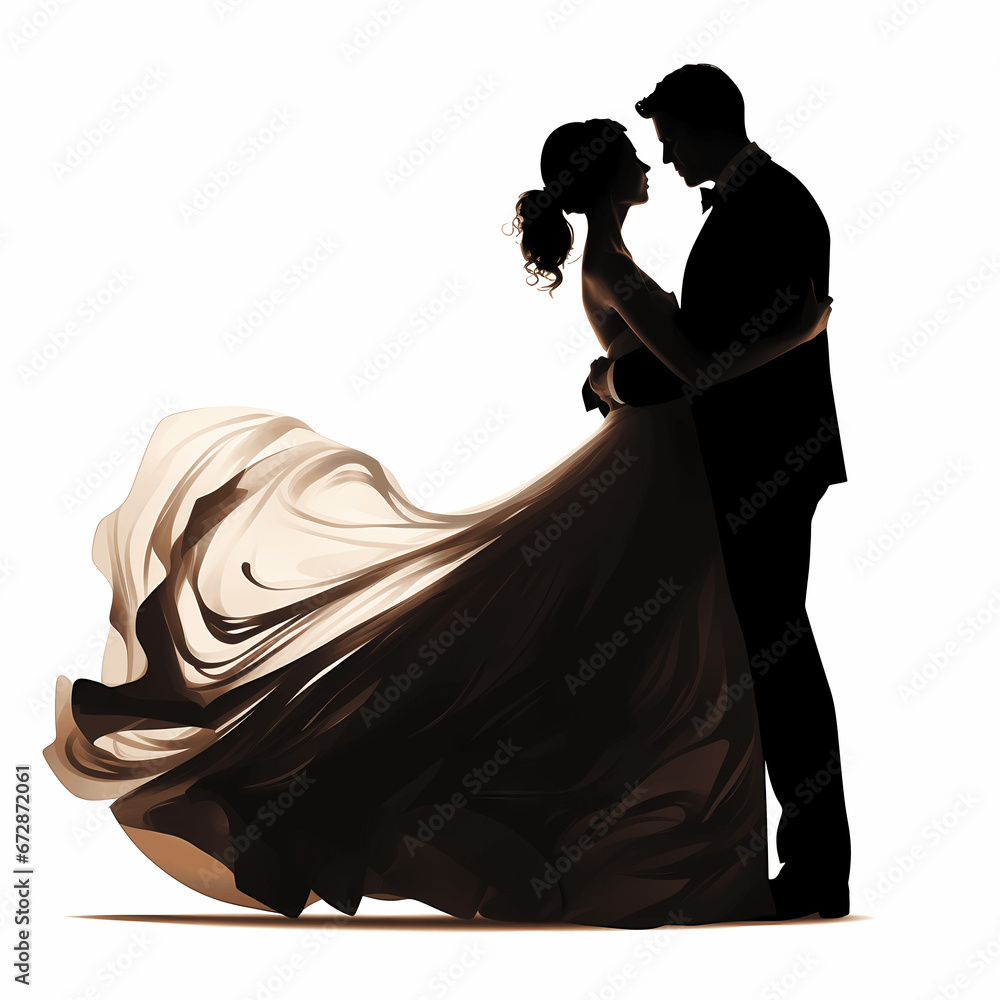Wedding couple silhouette embraced in a romantic hug isolated on white ...