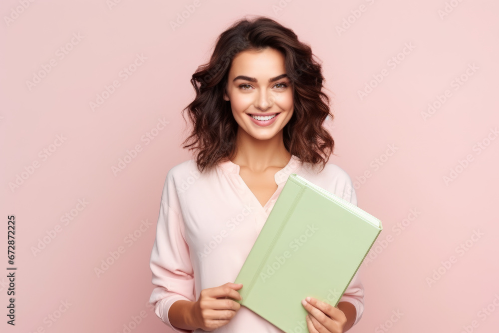 Portrait of cute cheerful person toothy smile hold read opened book isolated on pink color background Portrait of cute cheerful person toothy smile hold read opened book isolated on pink color background