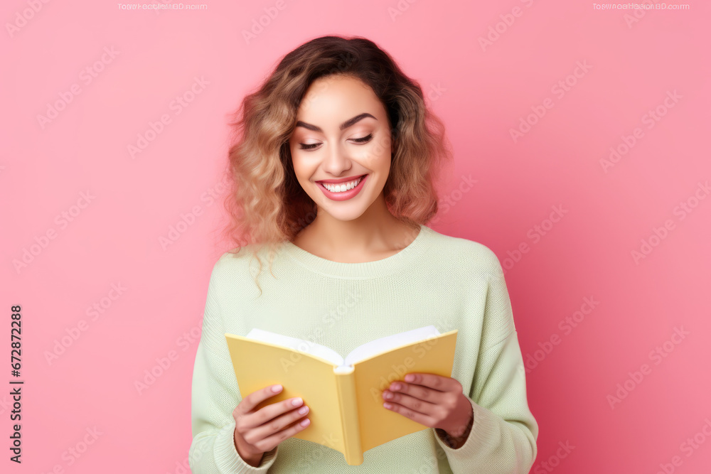 Portrait of cute cheerful person toothy smile hold read opened book isolated on pink color background Portrait of cute cheerful person toothy smile hold read opened book isolated on pink color background