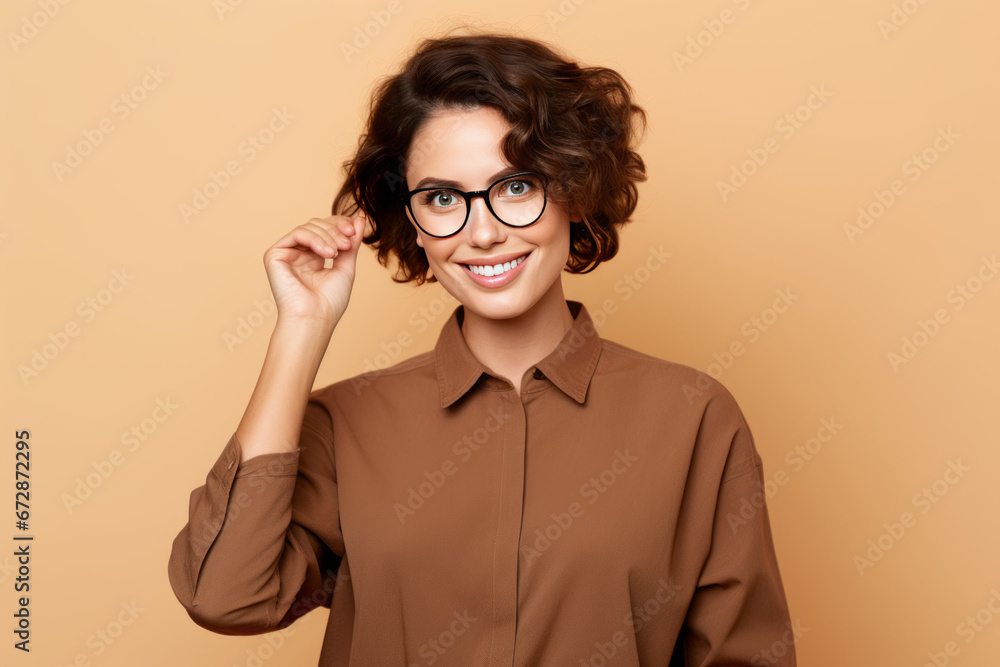 Photo of optimistic nice intelligent woman with short hairdo dressed brown shirt glasses isolated on beige color background Photo of optimistic nice intelligent woman with short hairdo dressed brown shirt glasses isolated on beige color background