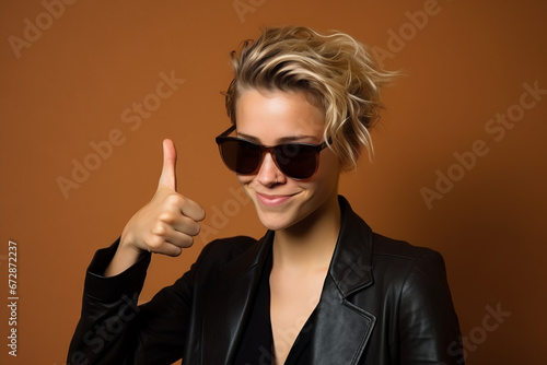 Closeup photo of amazing lady with short hairstyle, wearing sunglasses, deep thinking creative person, hand showing Like, wearing black leather jacket on isolated brown background