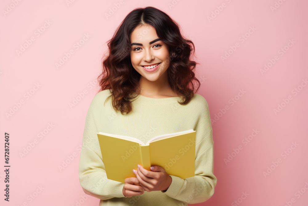 Portrait of cute cheerful person toothy smile hold read opened book isolated on pink color background Portrait of cute cheerful person toothy smile hold read opened book isolated on pink color background