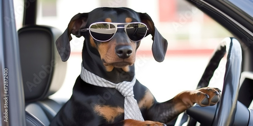 Dachshund dressed up with glasses and a bow tie, sitting and driving a car photo