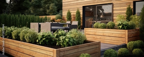 Wooden Raised Beds In Modern Garden With Wooden House