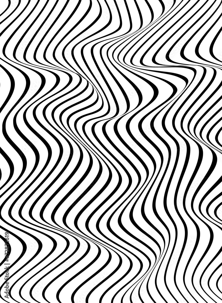 Optical illusion with vertical waves. Optical (Op Art) illusion of waves of black and white lines.