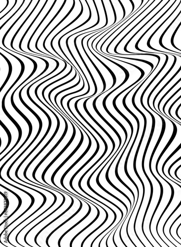 Optical illusion with vertical waves. Optical  Op Art  illusion of waves of black and white lines.