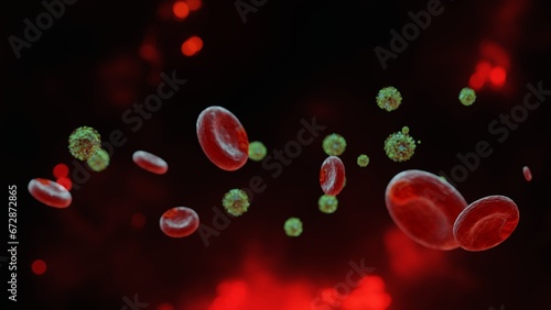 3D rendering Microscopic illustration of the spreading 2019 corona virus or Covid-19 and red blood cell Background