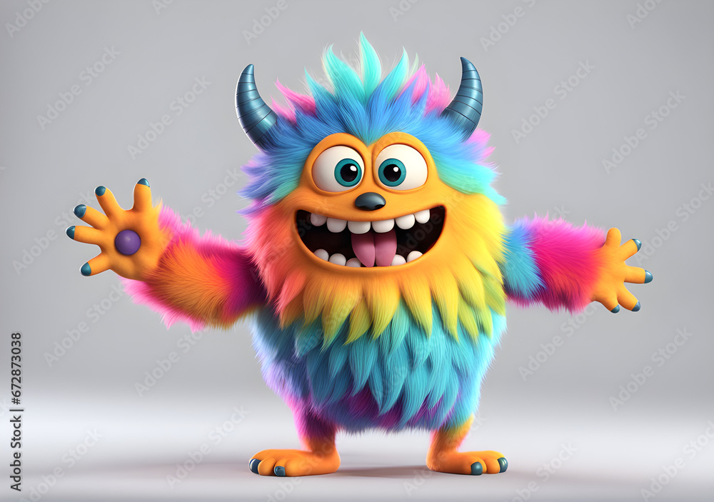 Colorful furry and cute monster dancing and waving 3D render character cartoon style Isolated on transparent background. Generative AI