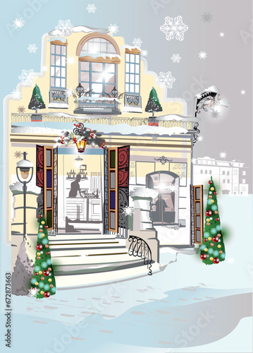 Series of colorful street views in the old city in winter. Hand drawn vector architectural background with historic buildings.