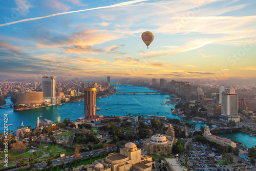 Skyline view on Cairo at sunset, the skyscrappers and the bridges, panorama from the Tower, Egypt