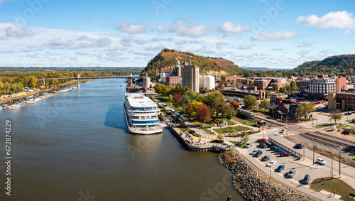 Panoramic aerial view of the town of Red Wing in Minnesota with river cruise boat docked