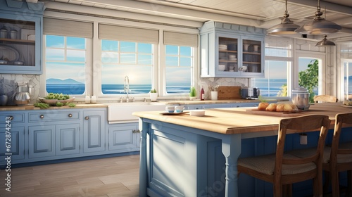 Luxurious Modern Kitchen Interior with Blue Cabinets and Ocean View