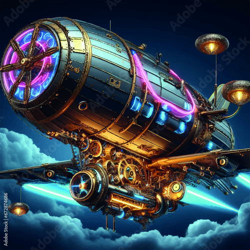 Futuristic airship with steampunk aesthetics, featuring neon propulsion and brass gears