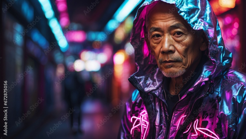 Wide angle shot of an elderly gray haired man in a futuristic jacket standing in front of a blurry panorama of a cyberpunk city with bright neon lights.