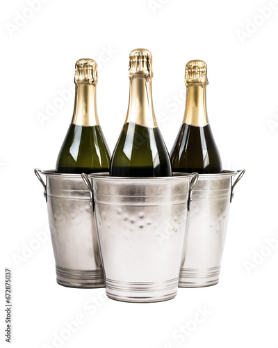 champagne bottle in cooler full of ice on transparent background. PNG file