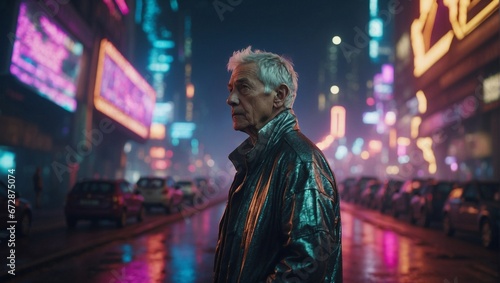 Wide angle shot of an elderly gray haired man in a futuristic jacket standing in front of a blurry panorama of a cyberpunk city with bright neon lights.