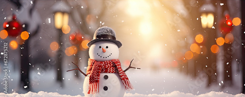 Snowman in winter country. Merry christmas and happy new year print card decoration. wide banner