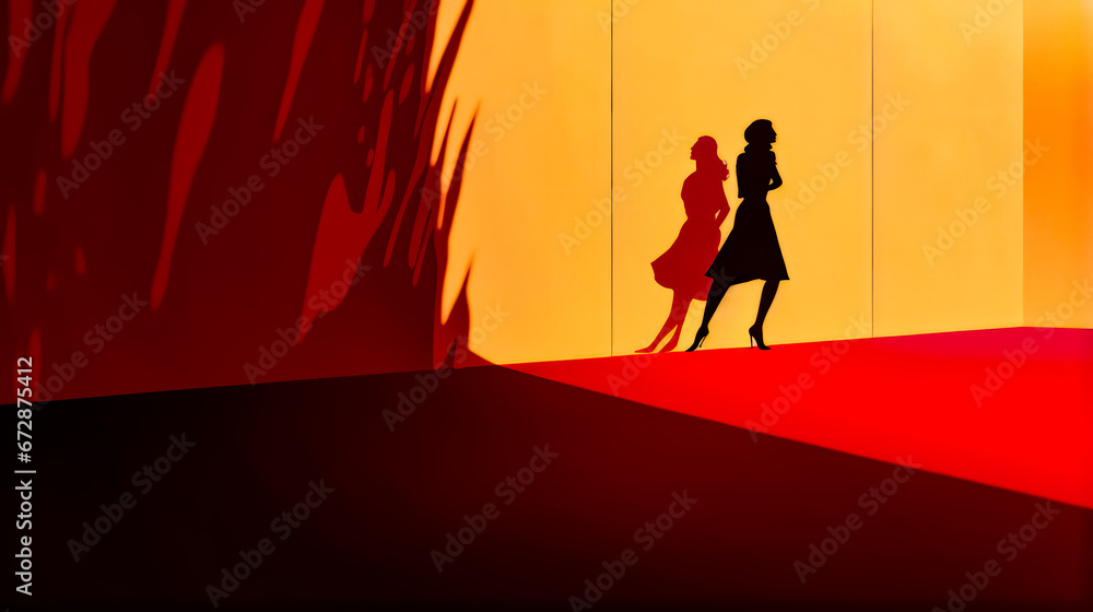 Couple of people that are standing in front of red wall with shadow of man and woman. Couple of people that are standing in front of red wall with shadow of man and woman.
