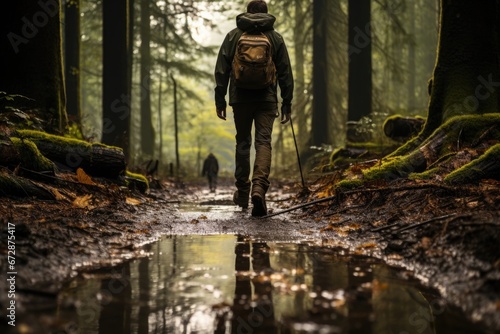 young hiker making a trek through a forest in autumn with the path wet and full of puddles