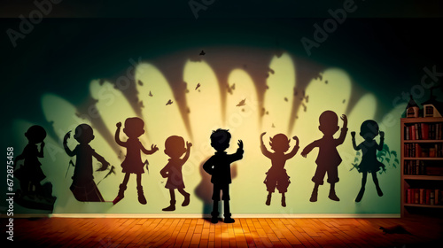 Shadow of person standing in front of wall with children's drawings on it.