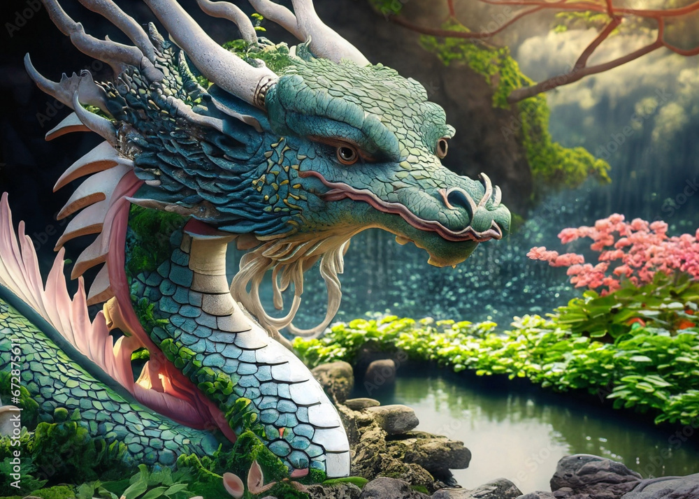 Chinese dragon resting in a tranquil garden by Generative AI Chinese dragon resting in a tranquil garden by Generative AI
