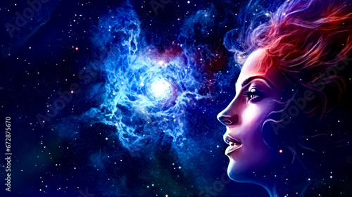 Painting of woman's face in front of galaxy background.