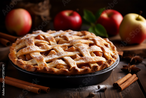 Homemade apple pie on a wooden table, close up