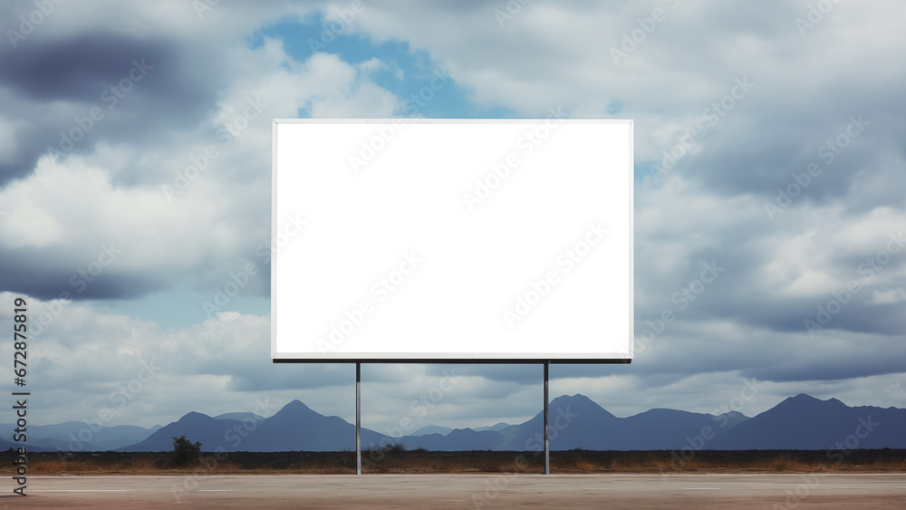 Spectacular blank marketing billboard mockup with a cloudy sky. Transparent space on marketing billboard. Modern advertising concept. AI generated content. Spectacular blank marketing billboard mockup with a cloudy sky. Transparent space on marketing billboard. Modern advertising concept. AI generated content.