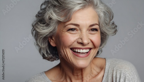 senior model woman with grey hair laughing and smiling photo