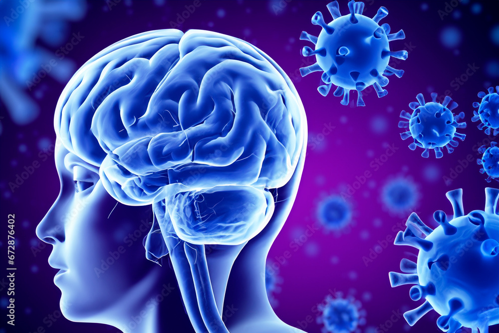 Blue head with visible brain on a background of flying blue coronavirus