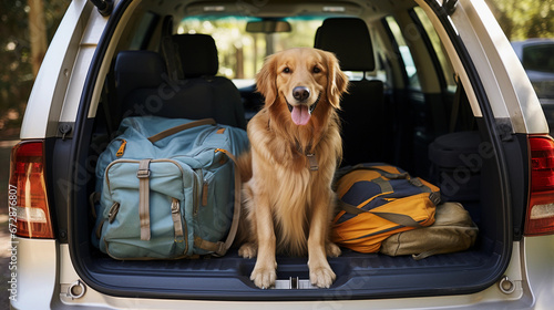A Golden Retriever Dog Sitting in a Packed Car Ready for Vacation