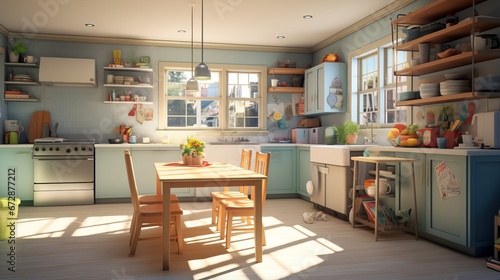 Bright, Cheerful Kitchen Interior with Blue Cabinets and Wooden Table