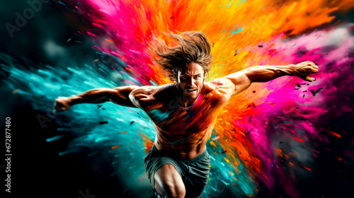 Man in colorful shirt running through the air with his arms out.