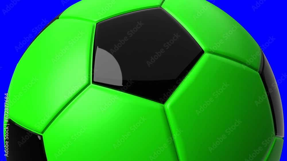 Green soccer ball on blue chroma key background. Loop able 3d animation