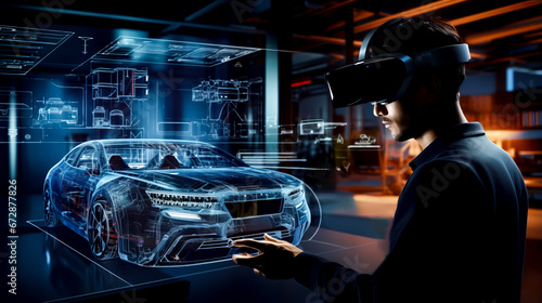 Man wearing virtual headset standing in front of futuristic car.