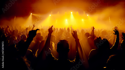 Crowd of people at concert with their hands up in the air.