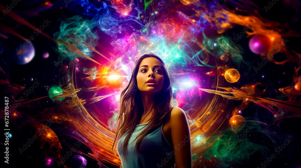 Beautiful young woman standing in front of multicolored abstract background.