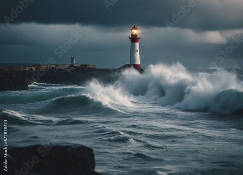 A lighthouse shining on a stormy and wavy day 