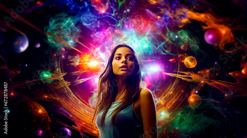 Beautiful young woman standing in front of multicolored abstract background.