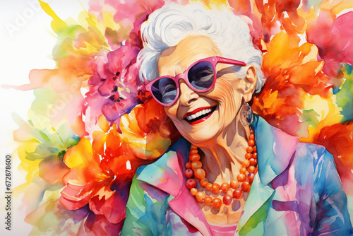 watercolor portrait of an elderly lady in bright and juicy colors, demonstrating an active and positive old age, the concept of women's day, mother's day and grandmother's day
