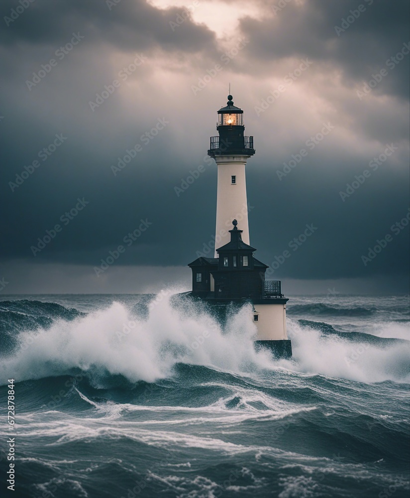 A lighthouse shining on a stormy and wavy day
