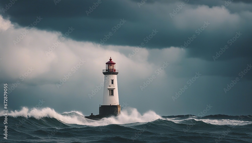 A lighthouse shining on a stormy and wavy day
